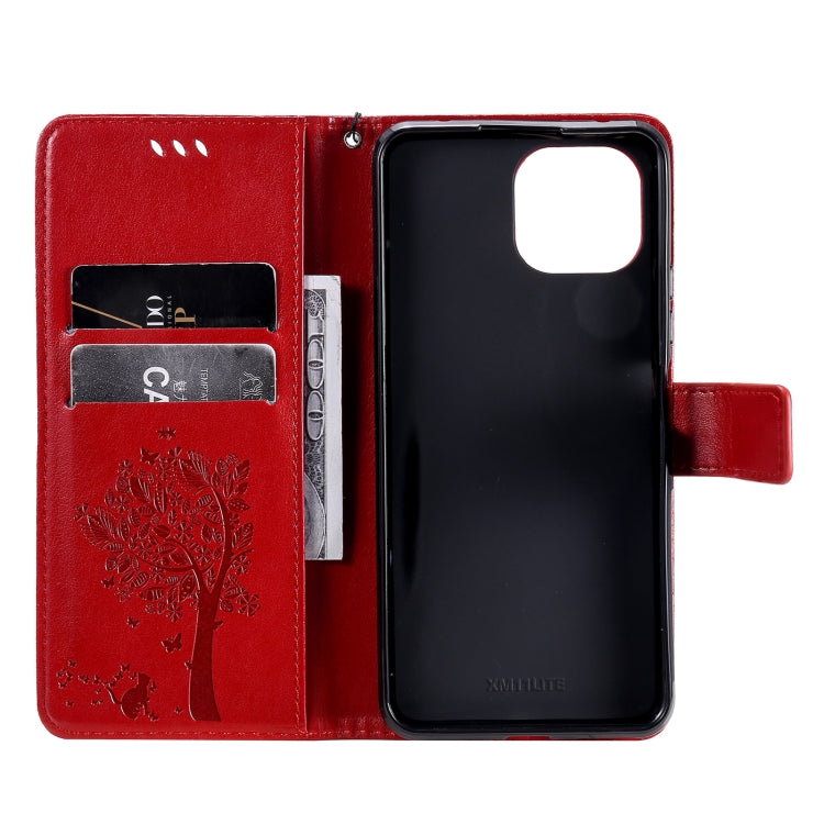 For Xiaomi Mi 11 Lite 5G Tree & Cat Pattern Pressed Printing Horizontal Flip PU Leather Case with Holder & Card Slots & Wallet & Lanyard(Red) - Xiaomi Cases by Diaobaolee | Online Shopping UK | buy2fix