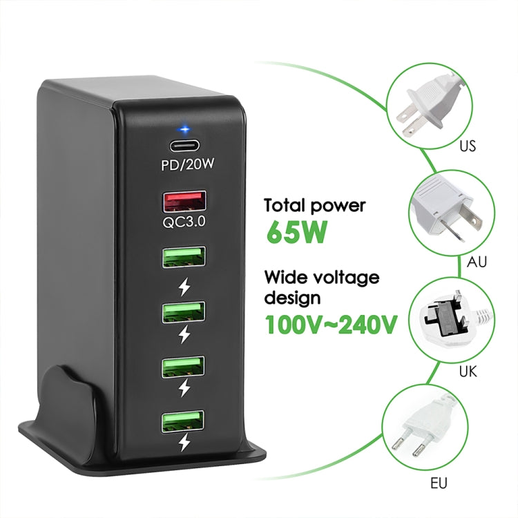 6 in 1 65W PD USB-C / Type-C + QC 3.0 USB + 4 USB Multi-port Travel Charger, EU Plug(Black) - Mobile Accessories by buy2fix | Online Shopping UK | buy2fix
