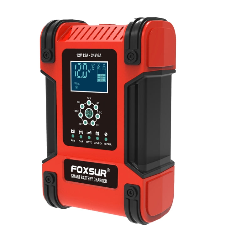 FOXSUR 12A / 12V / 24V Car / Motorcycle 7-stage Lead-acid Battery AGM Charger, Plug Type:UK Plug(Red) - In Car by FOXSUR | Online Shopping UK | buy2fix