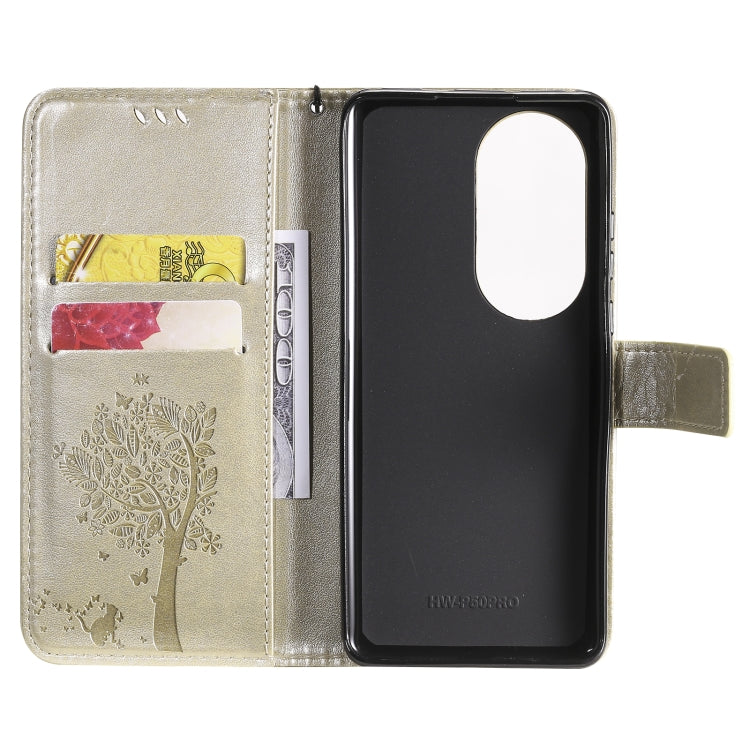 For Huawei P50 Pro Tree & Cat Pattern Pressed Printing Horizontal Flip PU Leather Case with Holder & Card Slots & Wallet & Lanyard(Gold) - Huawei Cases by buy2fix | Online Shopping UK | buy2fix