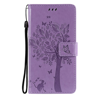 For OPPO Reno6 Pro 5G Tree & Cat Pattern Pressed Printing Horizontal Flip PU Leather Case with Holder & Card Slots & Wallet & Lanyard(Light Purple) - OPPO Cases by buy2fix | Online Shopping UK | buy2fix