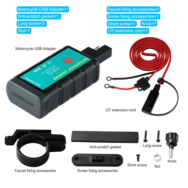 WUPP ZH-1422C3 Motorcycle Square Dual USB Fast Charging Charger with Switch + Integrated SAE Socket + 1.4m OT Terminal Cable - In Car by WUPP | Online Shopping UK | buy2fix