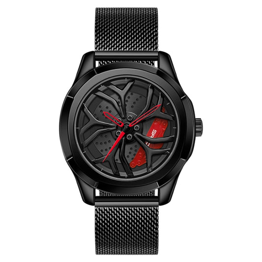 SANDA 1065 3D Hollow Out Wheel Non-rotatable Dial Quartz Watch for Men, Style:Mesh Belt(Black Red) - Metal Strap Watches by SANDA | Online Shopping UK | buy2fix