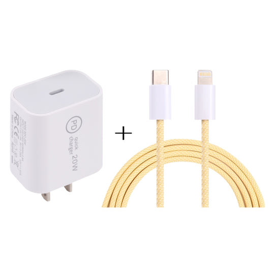 SDC-20W PD USB-C / Type-C Travel Charger + 1m 12W USB-C / Type-C to 8 Pin Data Cable Set, US Plug(Yellow) - Mobile Accessories by buy2fix | Online Shopping UK | buy2fix