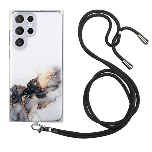For Samsung Galaxy S22 Ultra 5G Hollow Marble Pattern TPU Shockproof Phone Case with Neck Strap Rope(Black) - Samsung Accessories by buy2fix | Online Shopping UK | buy2fix