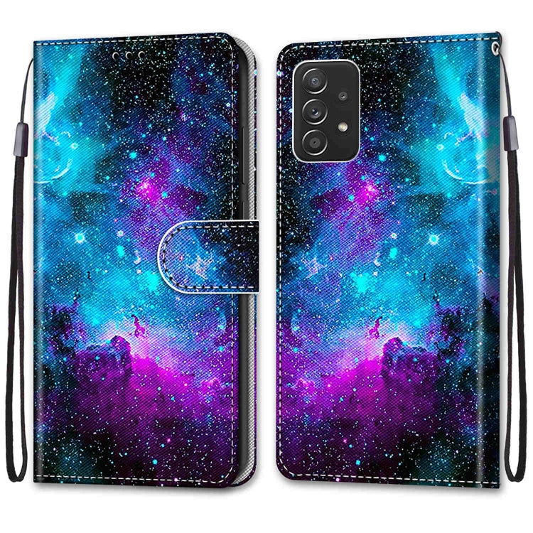 For Samsung Galaxy A53 5G Global Coloured Drawing Cross Texture Horizontal Flip PU Phone Leather Case with Holder & Card Slots & Wallet & Lanyard(Colorful Layer(Purple Green Starry Sky) - Samsung Accessories by buy2fix | Online Shopping UK | buy2fix