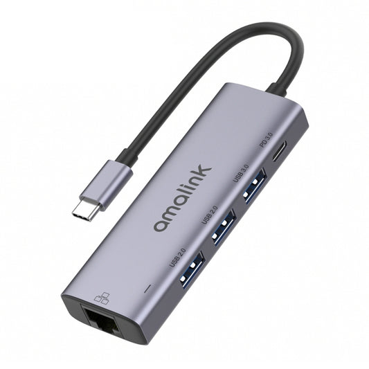 amalink 95121D Type-C / USB-C to RJ45 + 3 Ports USB + PD 3.0 Multi-function HUB(Grey) - Computer & Networking by amalink | Online Shopping UK | buy2fix