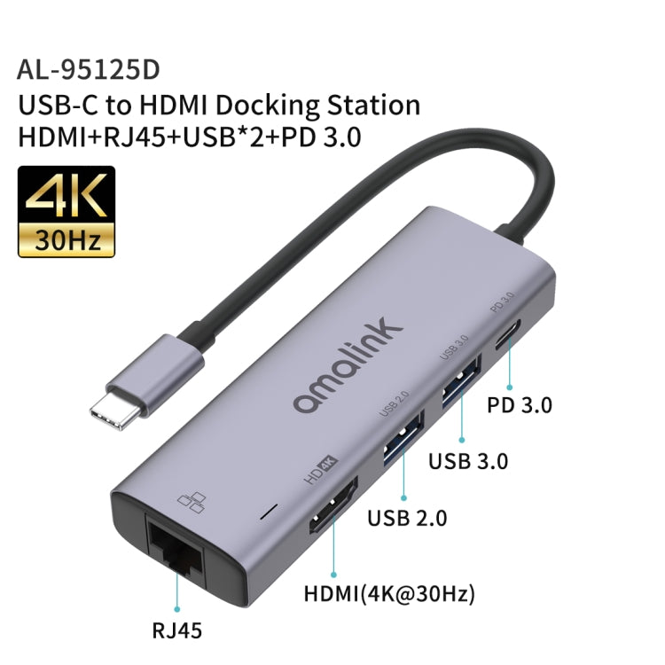 amalink 95125D Type-C / USB-C to HDMI + RJ45 + 2 Ports USB + PD 3.0 Multi-function HUB(Grey) - Computer & Networking by amalink | Online Shopping UK | buy2fix