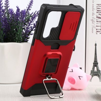 For Samsung Galaxy S22 Ultra 5G Sliding Camera Cover Design PC + TPU Shockproof Phone Case with Ring Holder & Card Slot(Red) - Samsung Accessories by buy2fix | Online Shopping UK | buy2fix