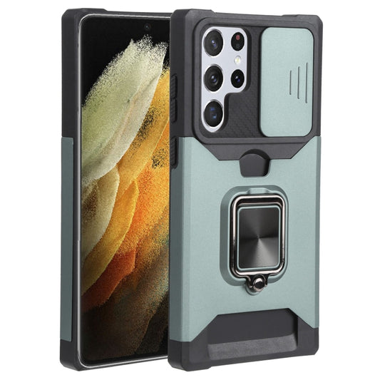 For Samsung Galaxy S22 Ultra 5G Sliding Camera Cover Design PC + TPU Shockproof Phone Case with Ring Holder & Card Slot(Dark Green) - Samsung Accessories by buy2fix | Online Shopping UK | buy2fix