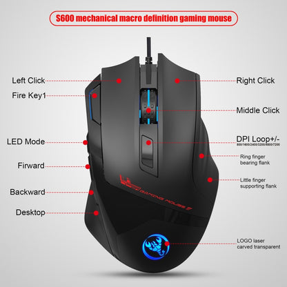 HXSJ S600 USB 7200dpi Adjustable 9-Keys Mechanical Wired Gaming Mouse(Black) - Wired Mice by HXSJ | Online Shopping UK | buy2fix