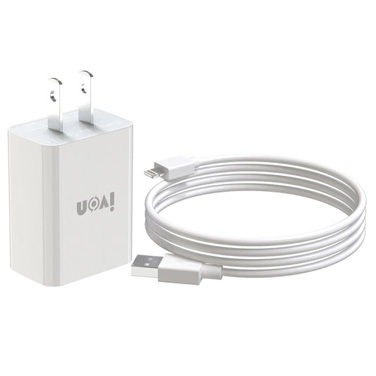 IVON AD-33 2 in 1 2.1A Single USB Port Travel Charger + 1m USB to 8 Pin Data Cable Set, US Plug(White) - Apple Accessories by IVON | Online Shopping UK | buy2fix