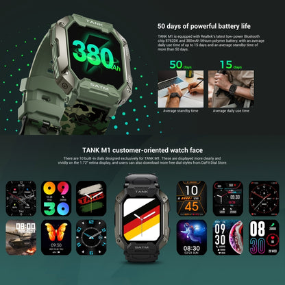 TANK M1 1.72 TFT Screen Smart Watch, Support Sleep Monitoring / Heart Rate Monitoring(Army Green) - Smart Wear by buy2fix | Online Shopping UK | buy2fix