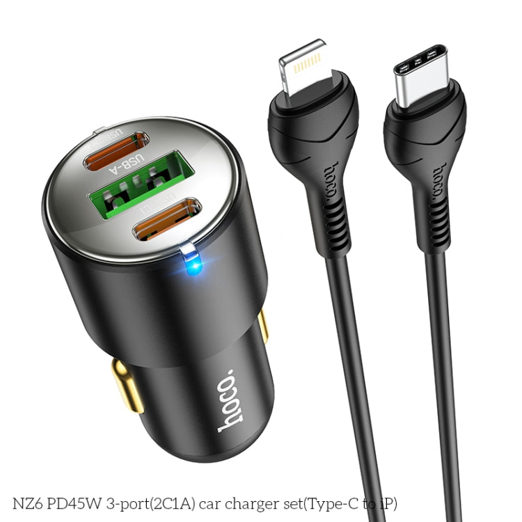 hoco NZ6 Dual Type-C / USB-C + USB PD45W 3-port Car Charger with Type-C / USB-C to 8 Pin Charging Cable(Black) - In Car by hoco | Online Shopping UK | buy2fix