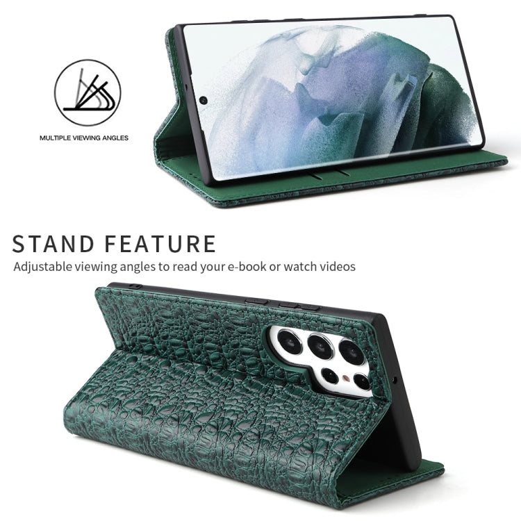 For Samsung Galaxy S22 Ultra 5G Fierre Shann Crocodile Texture Magnetic Genuine Leather Phone Case(Green) - Galaxy S22 Ultra 5G Cases by FIERRE SHANN | Online Shopping UK | buy2fix