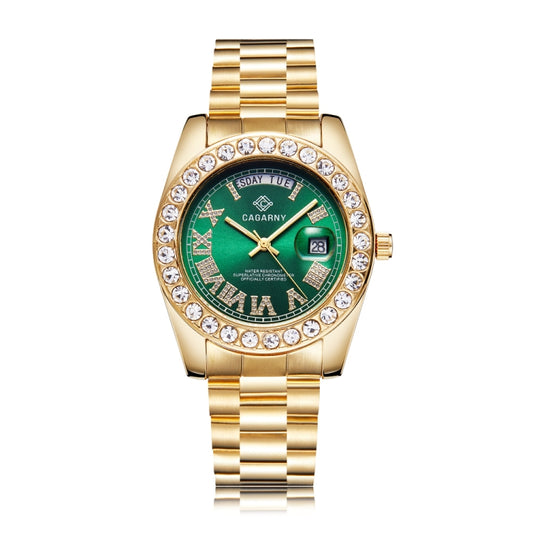 CAGARNY 6886 Diamond-encrusted Roman Numeral Dial Quartz Watch for Men(Gold Shell Green Dial) - Metal Strap Watches by CAGARNY | Online Shopping UK | buy2fix