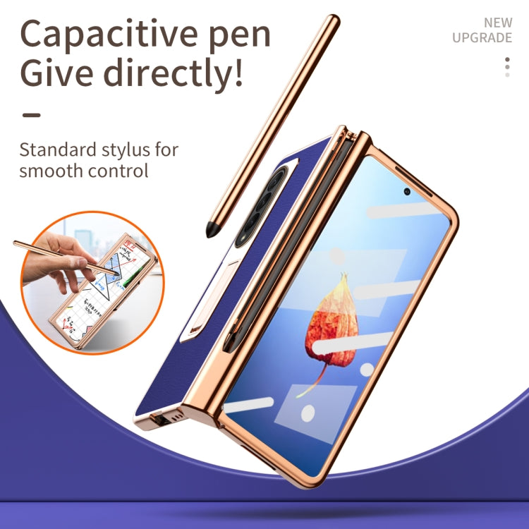 For Samsung Galaxy Z Fold4 Litchi Texture Leather Hinged Electroplated Phone Case with Pen(Blue) - Galaxy Z Fold4 5G Cases by buy2fix | Online Shopping UK | buy2fix