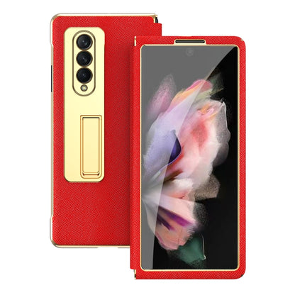 For Samsung Galaxy Z Fold4 Cross Texture Integrated Electroplating Hinge Flip Phone Case with Tempered Film(Red) - Galaxy Z Fold4 5G Cases by buy2fix | Online Shopping UK | buy2fix