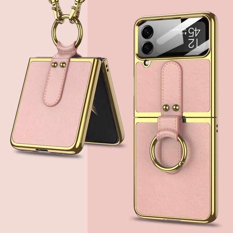 For Samsung Galaxy Z Flip4 GKK Plating + Leather Phone Case with Ring & Strap(Pink) - Galaxy Z Flip4 5G Cases by GKK | Online Shopping UK | buy2fix