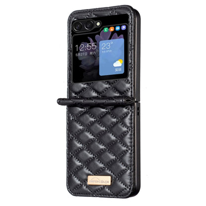 For Samsung Galaxy Z Flip5 Elegant Rhombic Texture Leather Phone Case(Black) - Galaxy Z Flip5 Cases by buy2fix | Online Shopping UK | buy2fix