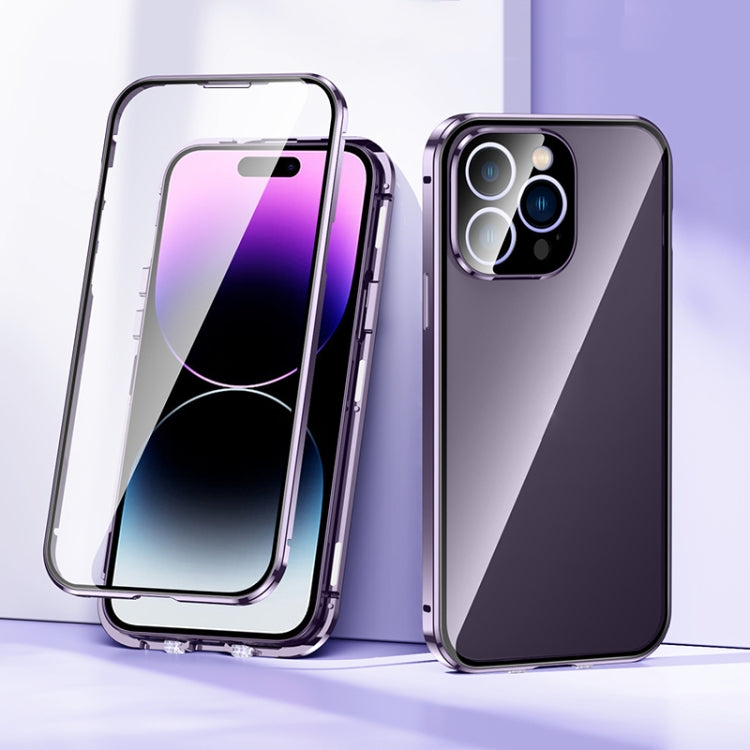 For iPhone 14 Pro Max Magnetic Double-buckle HD Tempered Glass Phone Case (Purple) - iPhone 14 Pro Max Cases by buy2fix | Online Shopping UK | buy2fix