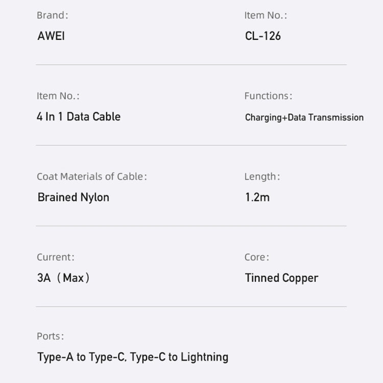 awei CL-126 1.2m 4 in 1 USB to USB-C / Type-C to 8Pin Data Fast Charging Cable(Black) - Multifunctional Cable by awei | Online Shopping UK | buy2fix