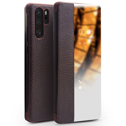 For Huawei P30 Pro QIALINO Genuine Leather Side Window View Smart Phone Case(Brown) - Huawei Cases by QIALINO | Online Shopping UK | buy2fix