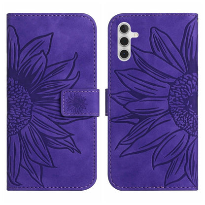 For Samsung Galaxy A14 5G Skin Feel Sun Flower Pattern Flip Leather Phone Case with Lanyard(Dark Purple) - Galaxy Phone Cases by buy2fix | Online Shopping UK | buy2fix