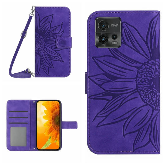 For Motorola Moto G72 5G Skin Feel Sun Flower Pattern Flip Leather Phone Case with Lanyard(Dark Purple) - Motorola Cases by buy2fix | Online Shopping UK | buy2fix