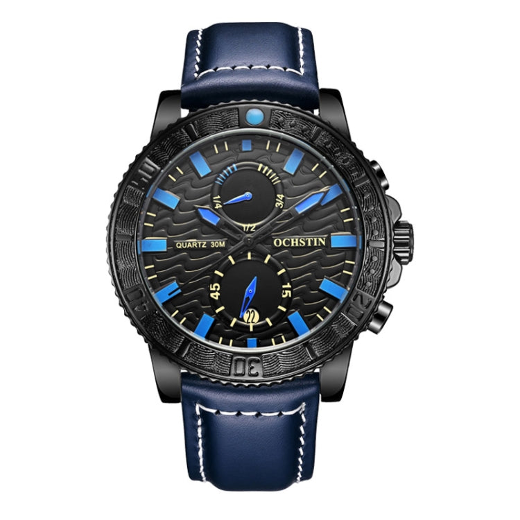 Ochstin 6045A Multifunctional Quartz Luminous Genuine Leather Men Watch(Black+Blue) - Leather Strap Watches by OCHSTIN | Online Shopping UK | buy2fix