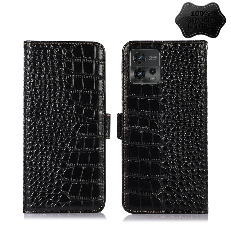 For Motorola Moto G72 Magnetic Crocodile Texture Genuine Leather RFID Phone Case(Black) - Motorola Cases by buy2fix | Online Shopping UK | buy2fix