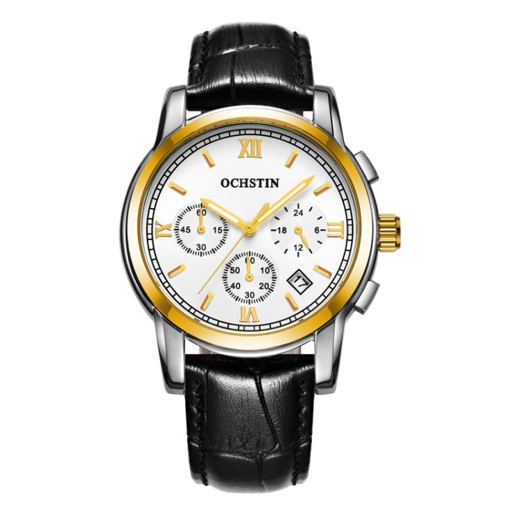 OCHSTIN 6097B Multifunctional Quartz Waterproof Luminous Men Leather Watch(Gold+White+Black) - Leather Strap Watches by OCHSTIN | Online Shopping UK | buy2fix