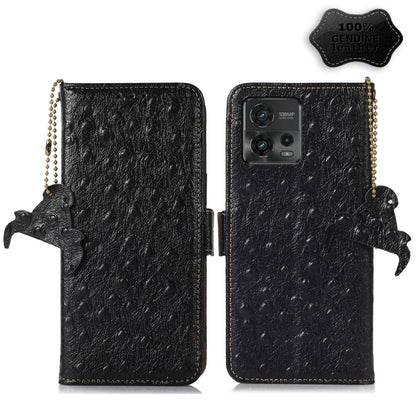 For Motorola Moto G72 4G Ostrich Pattern Genuine Leather RFID Phone Case(Black) - Motorola Cases by buy2fix | Online Shopping UK | buy2fix