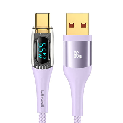 USAMS USB to Type-C 66W Aluminum Alloy Transparent Digital Display Fast Charge Data Cable, Cable Length:1.2m(Purple) -  by USAMS | Online Shopping UK | buy2fix