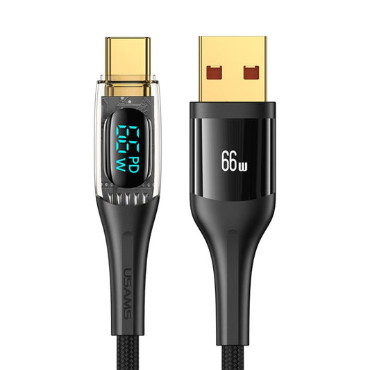 USAMS USB to Type-C 66W Aluminum Alloy Transparent Digital Display Fast Charge Data Cable, Cable Length:2m(Black) -  by USAMS | Online Shopping UK | buy2fix