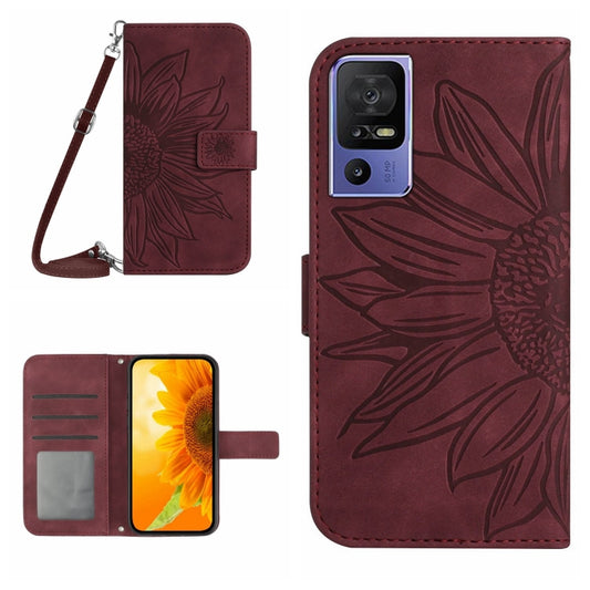 For TCL 40 SE HT04 Skin Feel Sun Flower Embossed Flip Leather Phone Case with Lanyard(Wine Red) - More Brand by buy2fix | Online Shopping UK | buy2fix