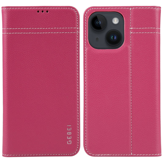 For iPhone 14 GEBEI Top-grain Horizontal Flip Leather Phone Case(Rose Red) - iPhone 14 Cases by GEBEI | Online Shopping UK | buy2fix