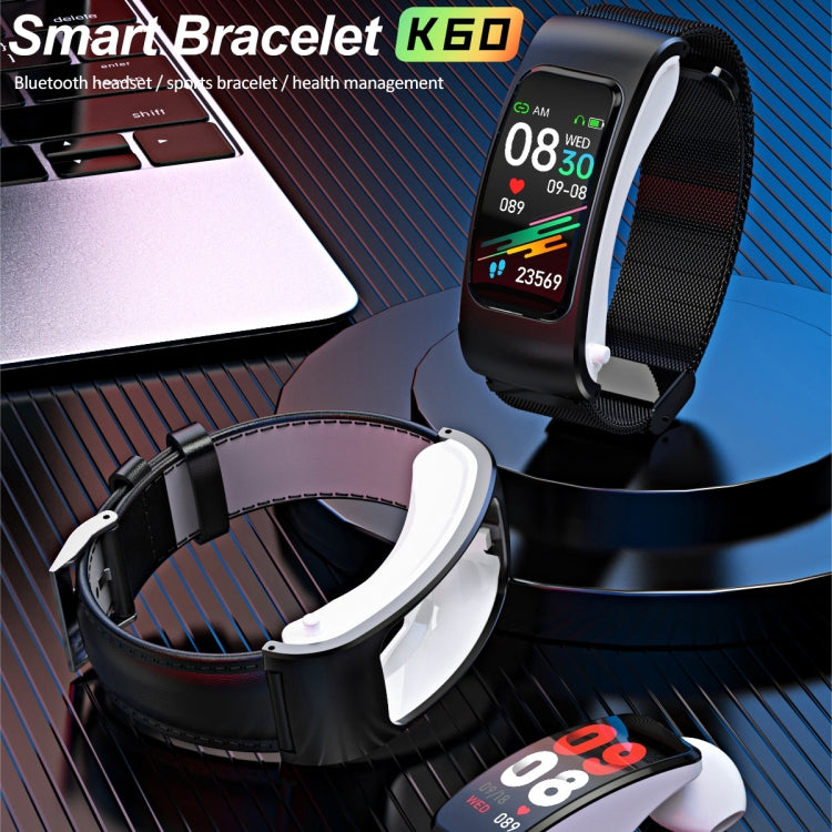 K60 1.08 inch Silicone Band Earphone Detachable Life Waterproof Smart Watch Support Bluetooth Call(Black Silver) - Smart Wear by buy2fix | Online Shopping UK | buy2fix