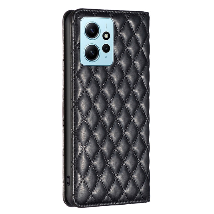 For Xiaomi Redmi Note 12 4G Global Diamond Lattice Magnetic Leather Flip Phone Case(Black) - Note 12 Cases by buy2fix | Online Shopping UK | buy2fix