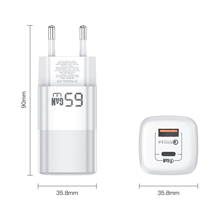 KUULAA RY-U65A 65W USB + USB-C / Type-C Dual Port Gallium Nitride Charger, Plug:EU(White) - USB Charger by KUULAA | Online Shopping UK | buy2fix