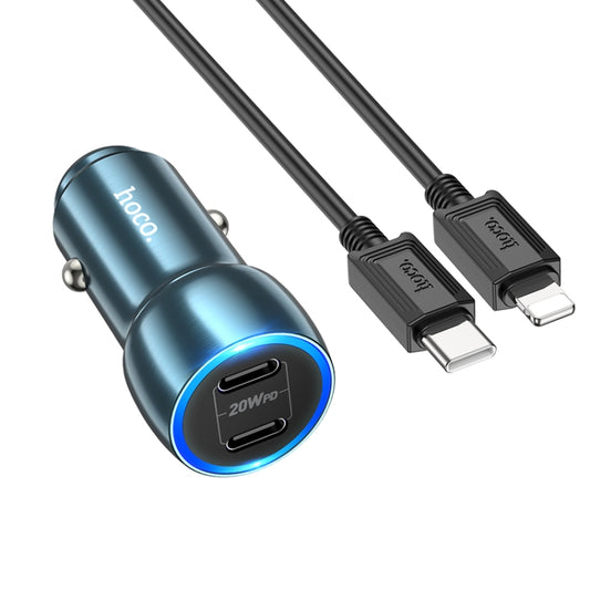 hoco Z48 Tough 40W Dual USB-C / Type-C Port Car Charger with Type-C to 8 Pin Cable(Sapphire Blue) -  by hoco | Online Shopping UK | buy2fix