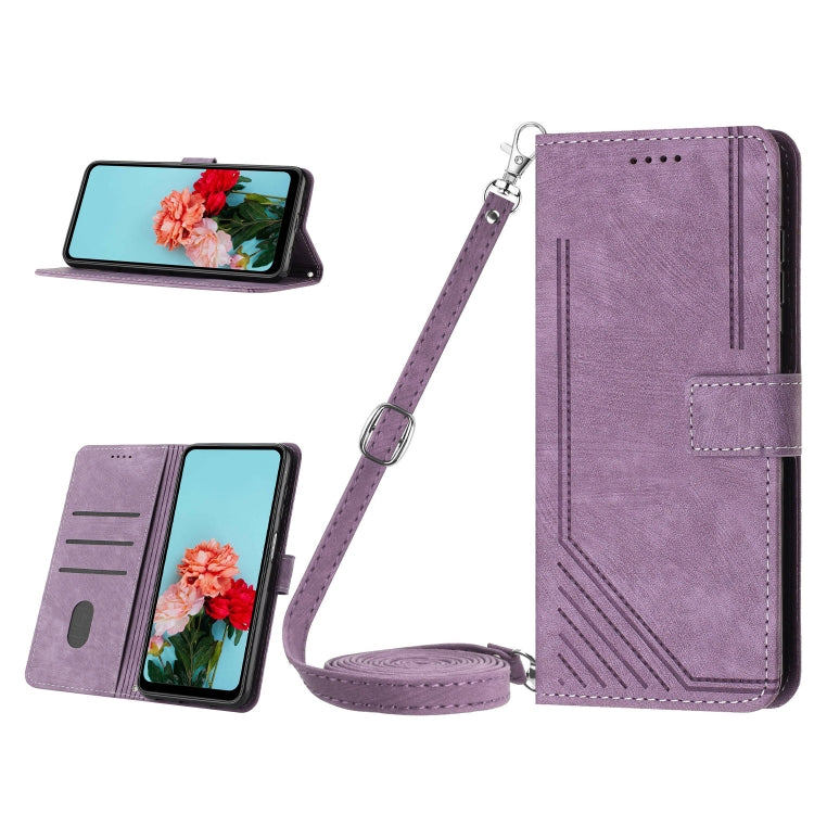 For Nokia C32 Skin Feel Stripe Pattern Leather Phone Case with Lanyard(Purple) - Nokia Cases by buy2fix | Online Shopping UK | buy2fix