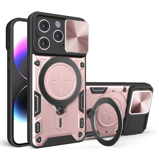 For iPhone 14 CD Texture Sliding Camshield Magnetic Holder Phone Case(Pink) - iPhone 14 Cases by buy2fix | Online Shopping UK | buy2fix