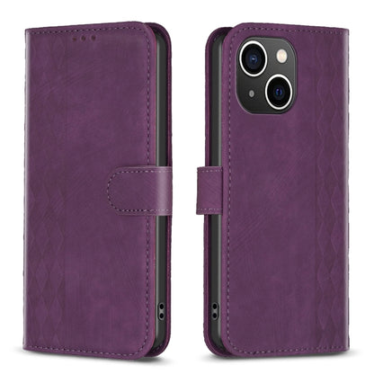 For iPhone 13 Plaid Embossed Leather Phone Case(Purple) - iPhone 13 Cases by buy2fix | Online Shopping UK | buy2fix