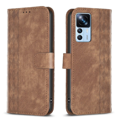 For Xiaomi 12T / 12T Pro Plaid Embossed Leather Phone Case(Brown) - Xiaomi Cases by buy2fix | Online Shopping UK | buy2fix