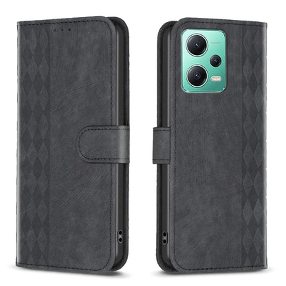 For Xiaomi Redmi Note 12 5G Global Plaid Embossed Leather Phone Case(Black) - Note 12 Cases by buy2fix | Online Shopping UK | buy2fix