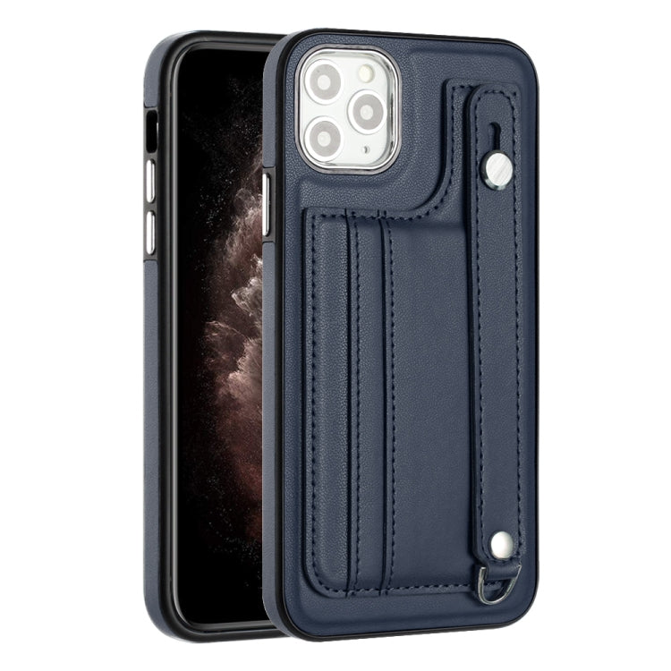 For iPhone 11 Pro Max Shockproof Leather Phone Case with Wrist Strap(Blue) - iPhone 11 Pro Max Cases by buy2fix | Online Shopping UK | buy2fix