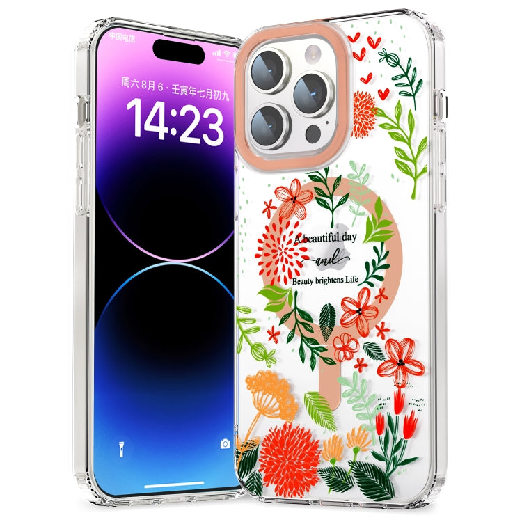 For iPhone 13 Pro MagSafe Magnetic TPU Phone Case(Red Flowers and Green Leaves) - iPhone 13 Pro Cases by buy2fix | Online Shopping UK | buy2fix