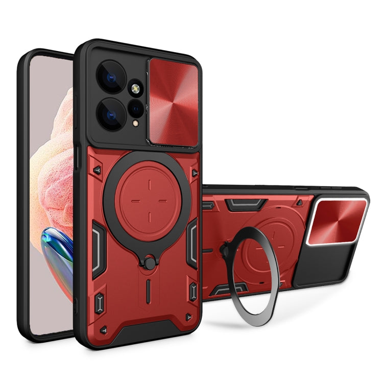 For Xiaomi Redmi Note 12 4G CD Texture Sliding Camshield Magnetic Holder Phone Case(Red) - Xiaomi Cases by buy2fix | Online Shopping UK | buy2fix