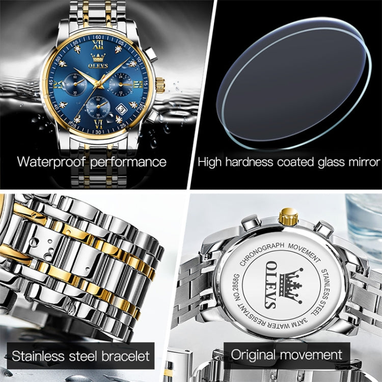 OLEVS 2858 Men Multifunctional Business Waterproof Quartz Watch(White + Gold) - Metal Strap Watches by OLEVS | Online Shopping UK | buy2fix